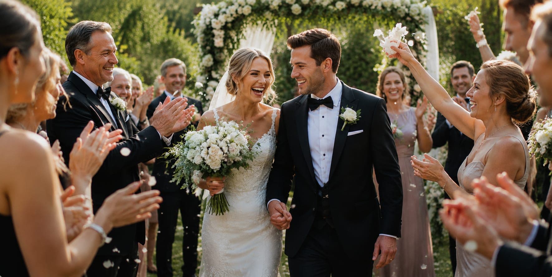 A joyful couple celebrating their wedding day surrounded by family and friends